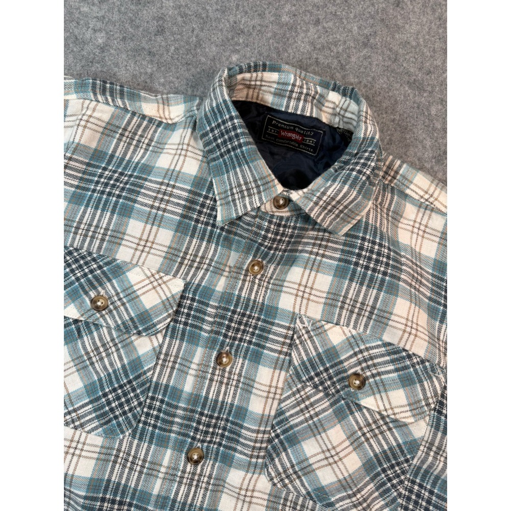 Wrangler Mens Quilted Flannel Shirt Jacket Teal White Plaid Cotton Size S